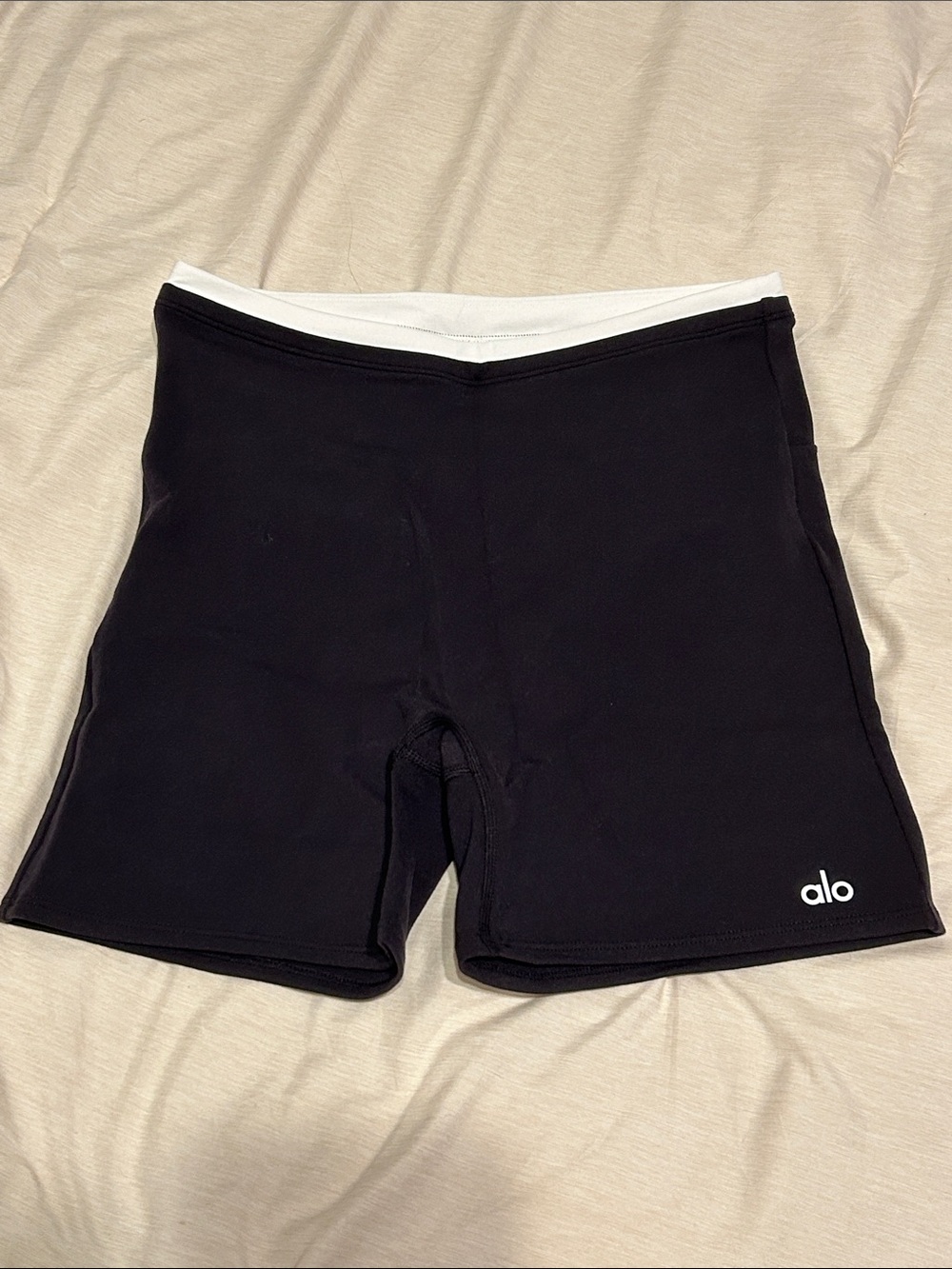 ALO Yoga Black Bike Shorts with White Waistband